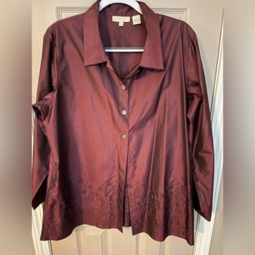 J. Jill purple plum silk shacket with monochrome embroidery detail. Size L.